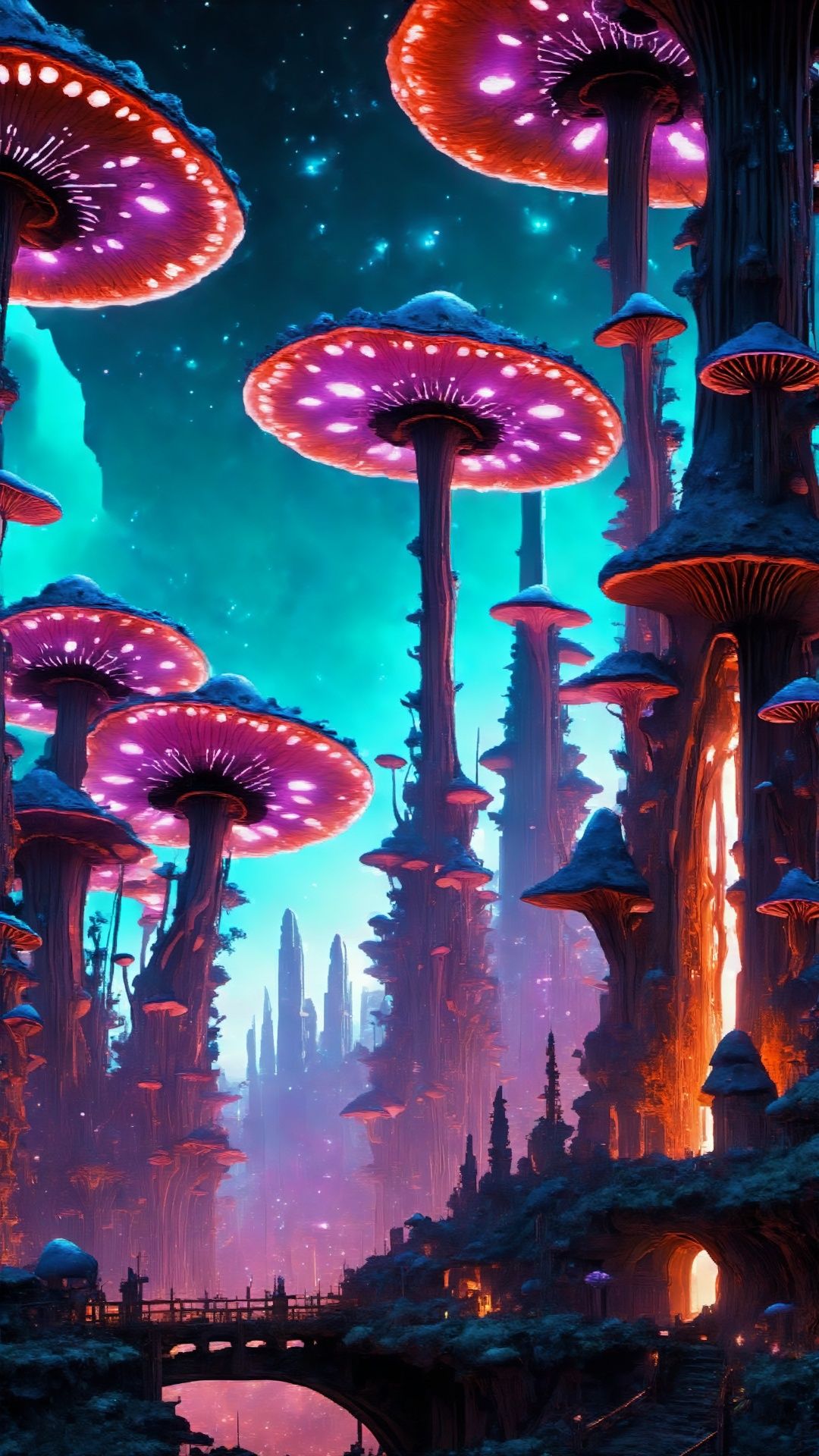 (Fantasy Architectural Style) (Fantasy Scene) (Advanced Color Art) (Architectural Art) (Intricate Details) In this macro and long-distance fantasy architectural picture, in addition to supernatural buildings, there are also strange alien mushroom landscapes, creating an even more amazing scene. The mountains surrounding the city are home to giant alien mushrooms that tower into the sky, with hats of various shapes that emit strange fluorescent colors. These mushrooms emit a shimmering light that illuminates the surrounding areas of the city, imbuing the entire scene with a sense of magic and mystery. Some mushrooms even emit faint music at night, like natural notes emitting incredible energy.