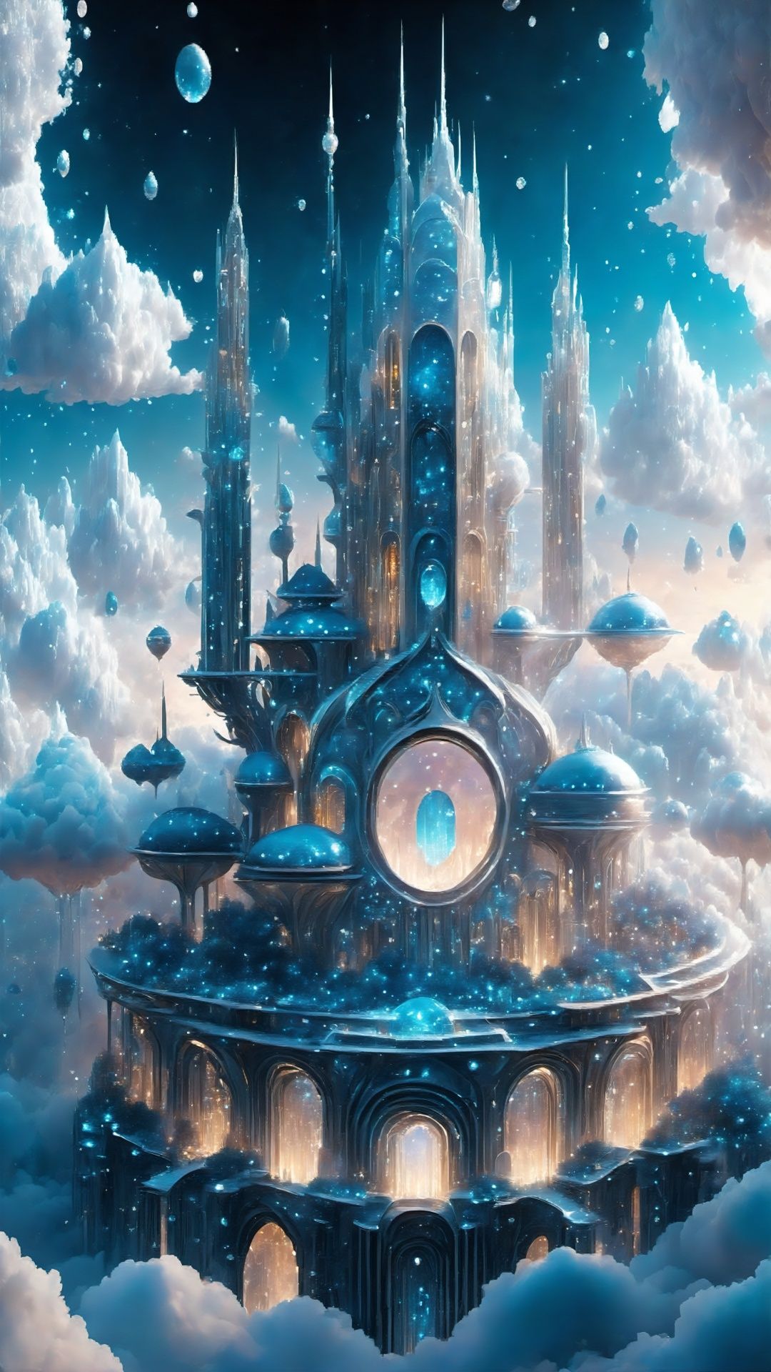 (Fantasy Architectural Style) (Fantasy Elements) (Advanced Color Art) (Architectural Art) (Intricate Details) High above the city, there is a city in the clouds. Palaces and gardens are built on these clouds, and residents can walk among the fluffy clouds. , enjoy the panoramic view of the city. The buildings here are made of clouds and crystals, just like a fairyland