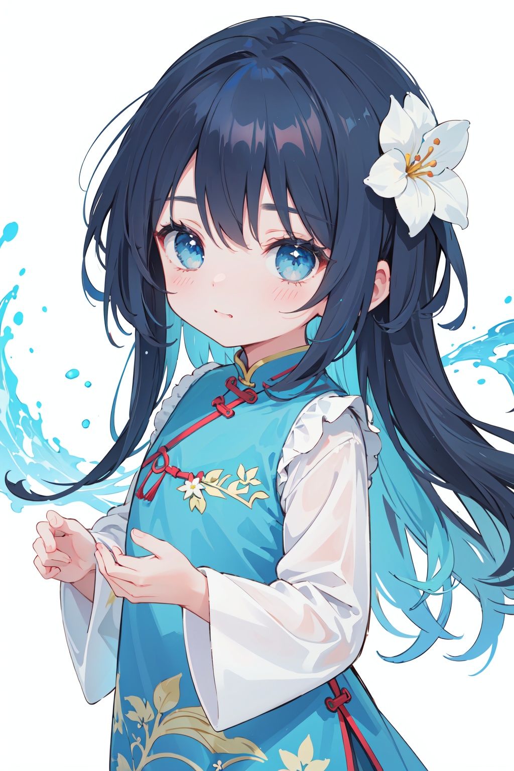 masterpiece,best-quality,ultra-detailed,white background,1 little loli,(child-loli),cheongsam,dark-blue hair,long hair,messy hair,light blue eyes,round face,cute face,midjourney, cuteloli, flower, smug