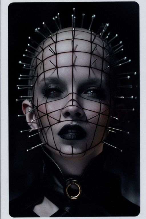 a woman dressed as pinhead in a dark room,  pinhead from hellraiser,  spikes on the body on Tensor.Art