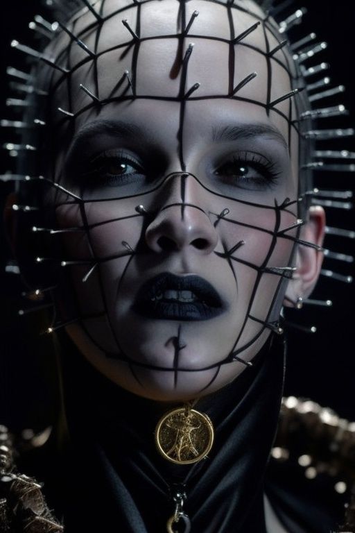 a woman dressed as pinhead in a dark room,  pinhead from hellraiser,  spikes on the body on Tensor.Art