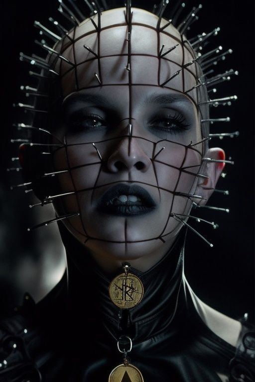 a woman dressed as pinhead in a dark room,  pinhead from hellraiser,  spikes on the body on Tensor.Art