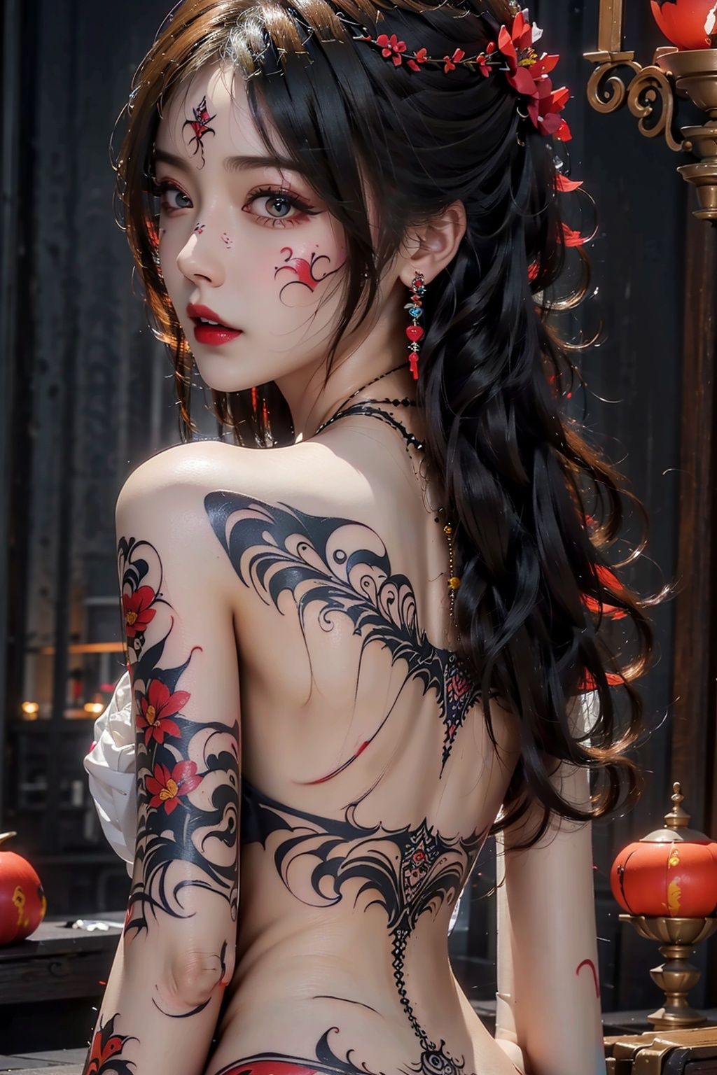  offcial art, colorful, Colorful background, splash of color, from bottom,A beautiful woman with delicate facial features, The chest is large, tattoo all over body, Flower arms, Colorful and colorful silks cover the body, The looming body, Sideways photo,SAIYA,((Ylvi-Tattoos,tattoos))