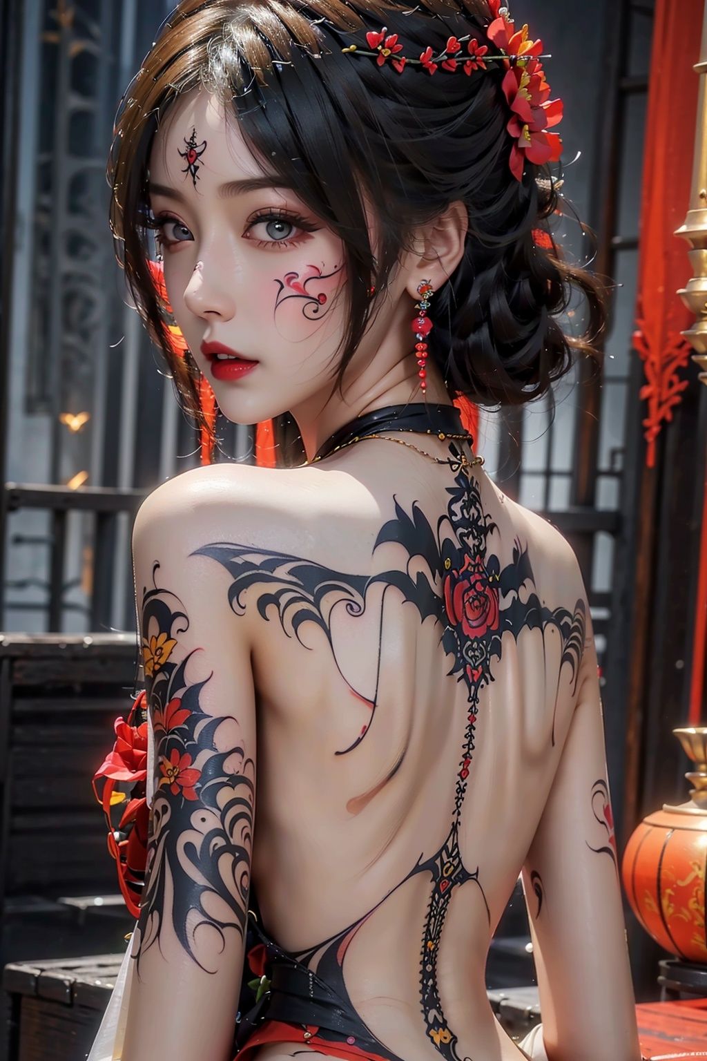  offcial art, colorful, Colorful background, splash of color, from bottom,A beautiful woman with delicate facial features, The chest is large, tattoo all over body, Flower arms, Colorful and colorful silks cover the body, The looming body, Sideways photo,SAIYA,((Ylvi-Tattoos,tattoos))