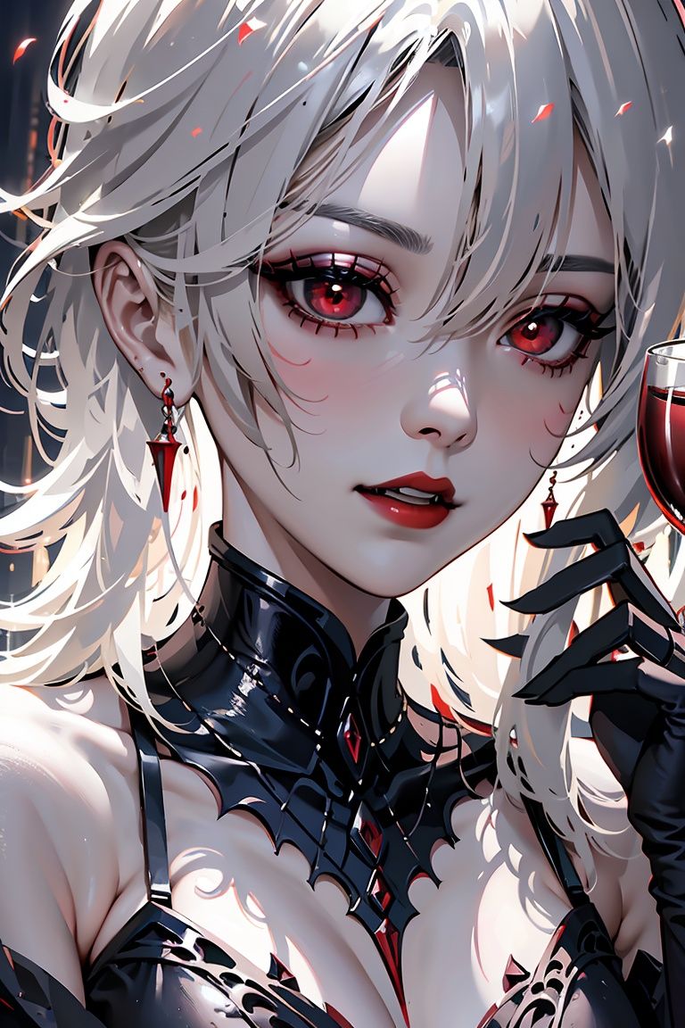  1mature female,vampire,vampire, 1girl, cup, jewelry, earrings, solo, drinking glass, red eyes, holding, holding cup, wine glass, profile, alcohol, white hair, red lips, breasts, looking down, from side, wine, parted lips, gloves, gem, upper body, makeup,best quality, high resolution illustration, Amazing, highres, intricate detail, best illumination, best shadow, an extremely delicate and beautiful,looking at viewer,(close up,portrait:1.5),