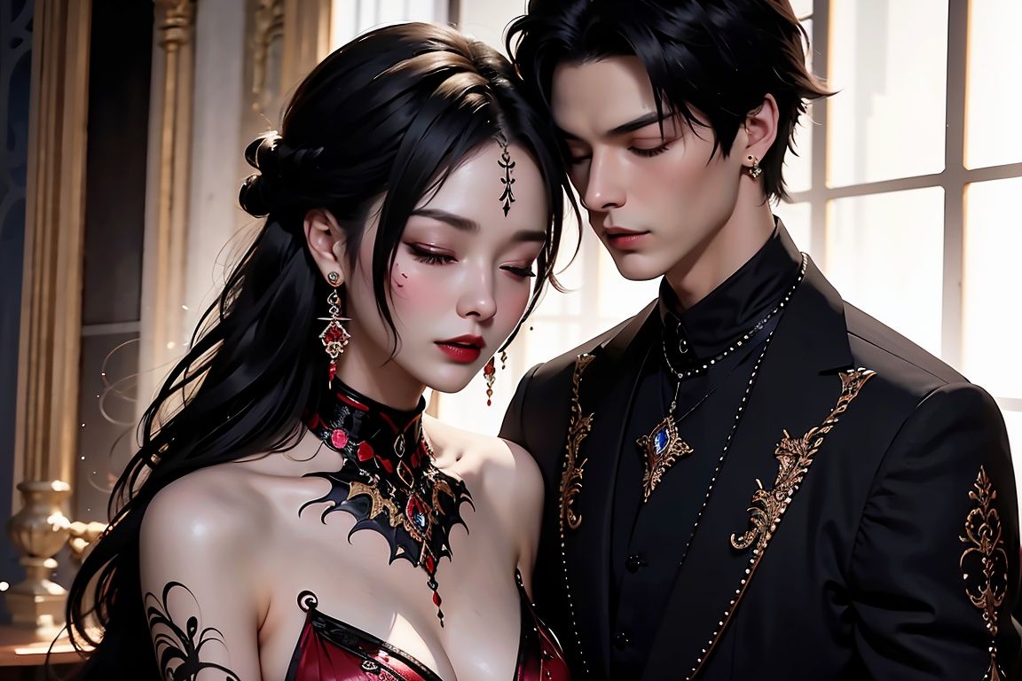  1girl and 1boy,jewelry, male focus, black hair, solo, earrings, ring, ((sitting)), closed eyes, black pants, pants, closed mouth, multicolored hair, sofa, from side, wine, parted lips, gloves, gem, upper body, makeup,best quality, high resolution illustration, Amazing, highres, intricate detail, best illumination, best shadow, an extremely delicate and beautiful,looking at viewer,vampire,tattooing,Male earl,bat,canine teeth,Red Wine