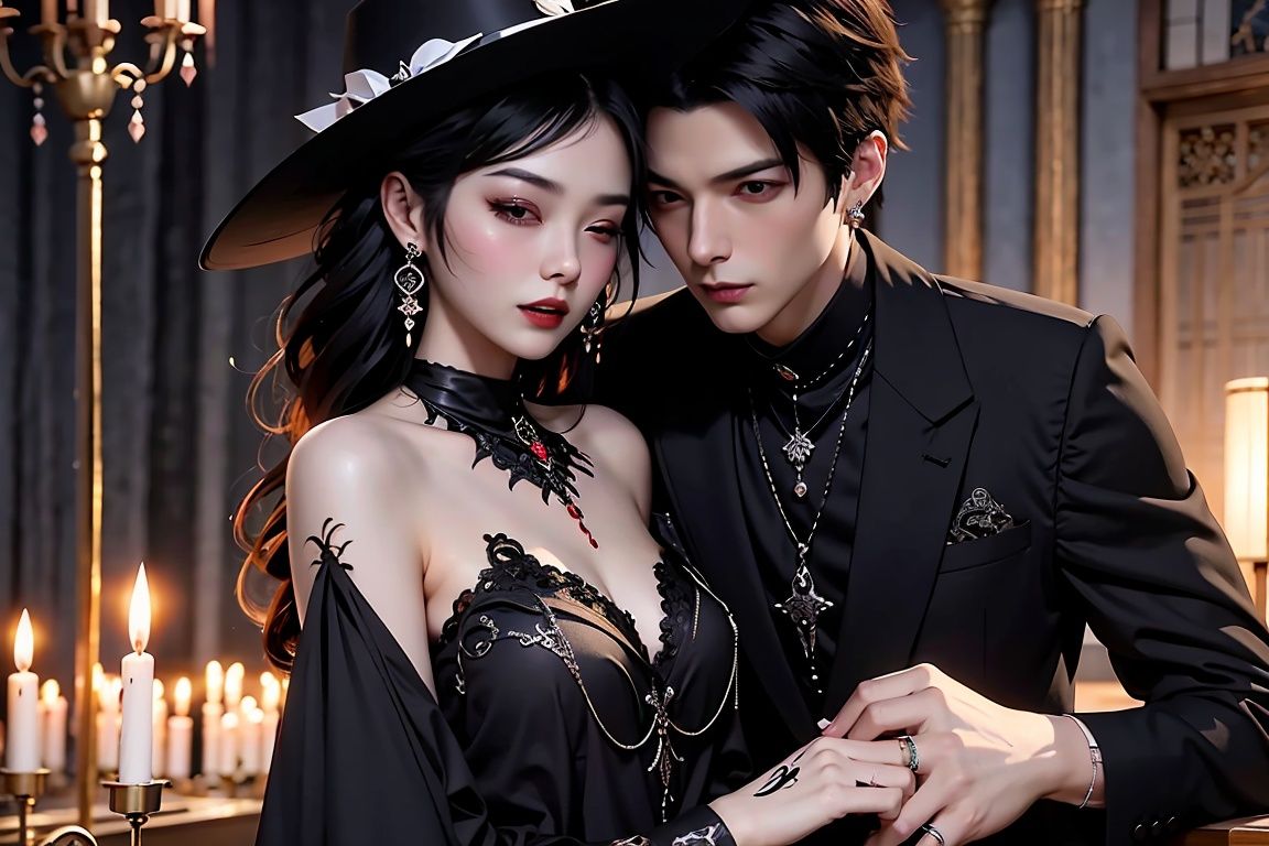  1girl and 1boy,jewelry, male focus, black hair, solo, earrings, ring, ((sitting)), closed eyes, black pants, pants, closed mouth, multicolored hair, sofa, from side, wine, parted lips, gloves, gem, upper body, makeup,best quality, high resolution illustration, Amazing, highres, intricate detail, best illumination, best shadow, an extremely delicate and beautiful,looking at viewer,vampire