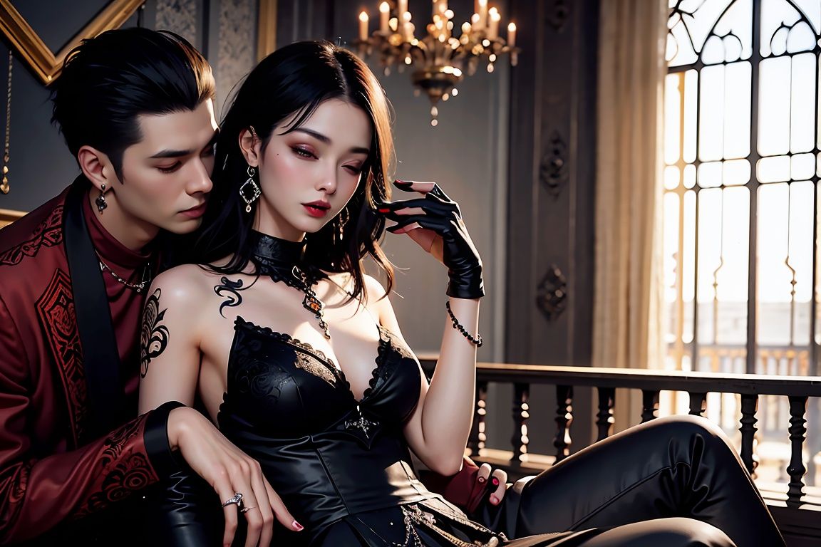  1girl and 1boy,jewelry, male focus, black hair, solo, earrings, ring, ((sitting)), closed eyes, black pants, pants, closed mouth, multicolored hair, sofa, from side, wine, parted lips, gloves, gem, upper body, makeup,best quality, high resolution illustration, Amazing, highres, intricate detail, best illumination, best shadow, an extremely delicate and beautiful,looking at viewer,vampire,tattooing,Male earl,bat,canine teeth,Red Wine