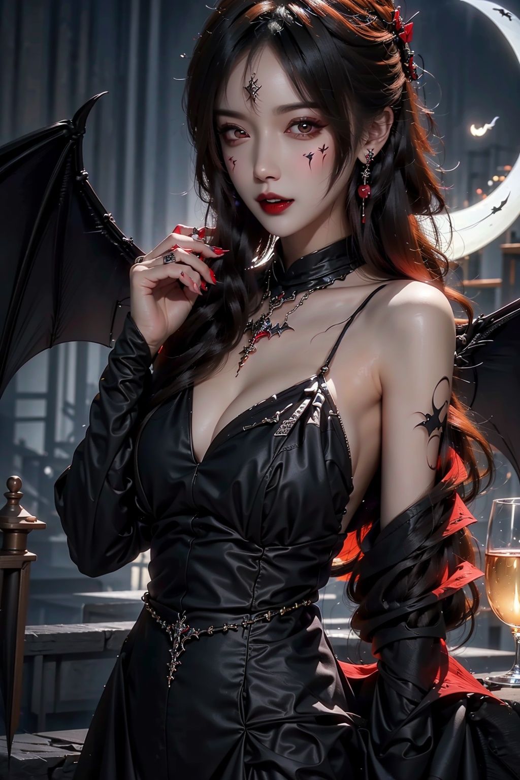 fangs,sharpteeth,bat,wine,cup/drinkingglass,jewelry,earrings,full moon,tongueout