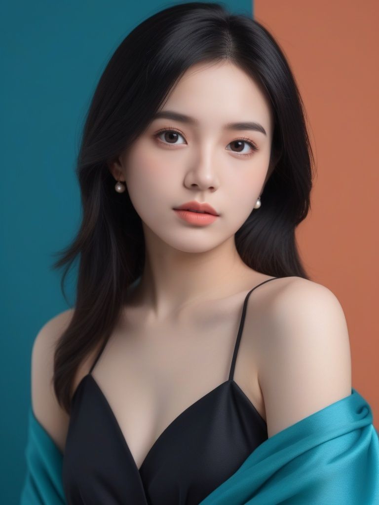  masterpiece,best quality,official art,extremely detailed CG unity 8k wallpaper,small breasts,1girl, Long black hair,face close up,exposure blend,medium shot,bokeh,(hdr:1.4),high contrast,(cinematic, teal and orange:0.85),(muted colors, dim colors, soothing tones:1.3),natural external halo, excellent color and light effects, (color deviation, color deviation, color reproduction: 1.1) ,Simple blue background.Red Dress, diamond earrings.