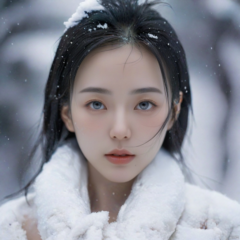  Only face, White background.masterpiece, best quality, official art, model sheet, concept art, chinese girls, Large aperture, blurry background,(dark theme:1.3),(natural Skin texture, high clarity) ,eyes looking downA girl is standing in the snow, wearing a white coat, ((Naked neck)),black hair,<lora:660447824183329044:1.0>