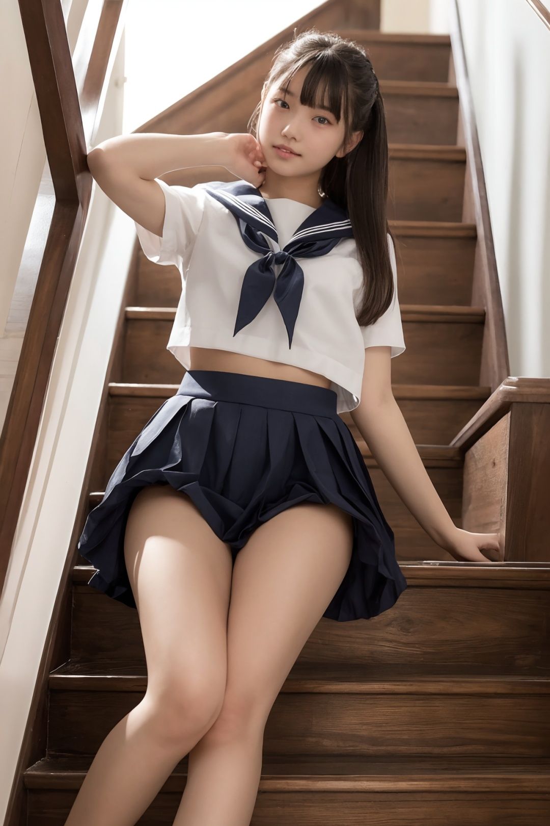 beautiful girl, teenage, 16 yo, sailor_girls, sexy, revealing_clothes, panties, ((from below)), sitting at the stair