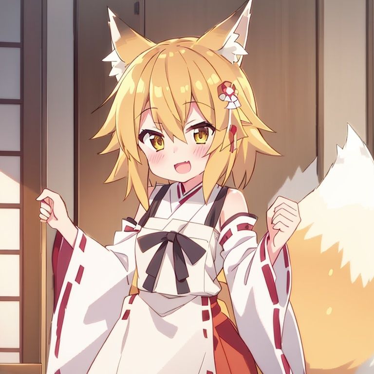 1girl, fox ears, solo,fox tail, open mouth, japanese clothes, hair ornament, smile, flower, blonde hair, miko, hair flower, looking at viewer, animal ear fluff, ribbon trim, hair between eyes, fox girl, short hair, brown eyes, ribbon-trimmed sleeves, wide sleeves, white background, long sleeves, outstretched arms, yellow eyes,    <lora:xian_1.1:1.3>
