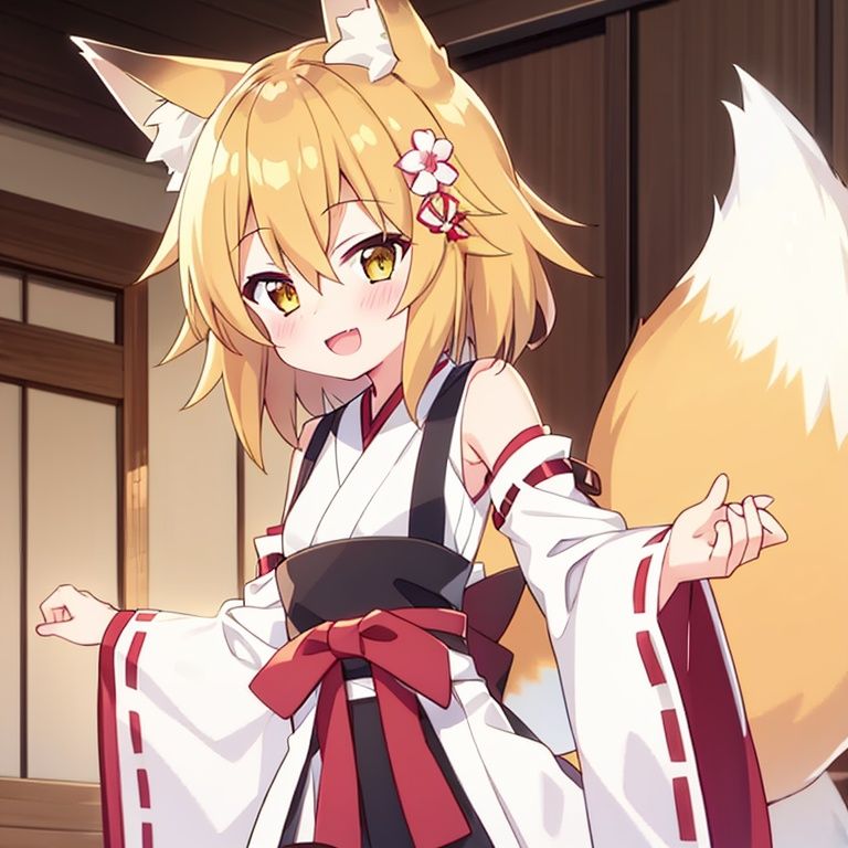 1girl, fox ears, solo,fox tail, open mouth, japanese clothes, hair ornament, smile, flower, blonde hair, miko, hair flower, looking at viewer, animal ear fluff, ribbon trim, hair between eyes, fox girl, short hair, brown eyes, ribbon-trimmed sleeves, wide sleeves, white background, long sleeves, outstretched arms, yellow eyes,    <lora:xian_1.1:1>