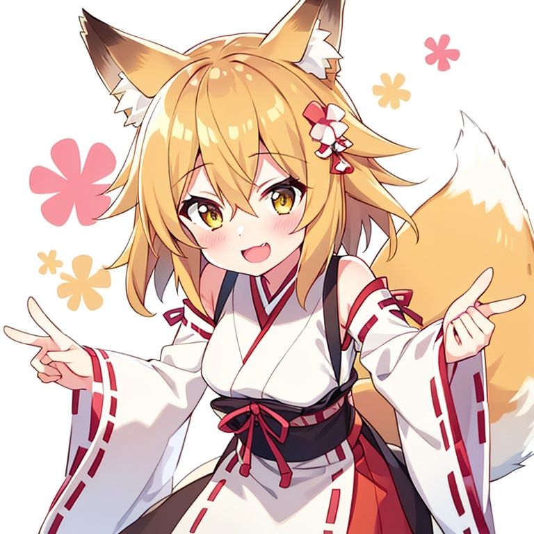 1girl, fox ears, solo,fox tail, open mouth, japanese clothes, hair ornament, smile, flower, blonde hair, miko, hair flower, looking at viewer, animal ear fluff, ribbon trim, hair between eyes, fox girl, short hair, brown eyes, ribbon-trimmed sleeves, wide sleeves, white background, long sleeves, outstretched arms, yellow eyes,    <lora:xian_1.1:1>