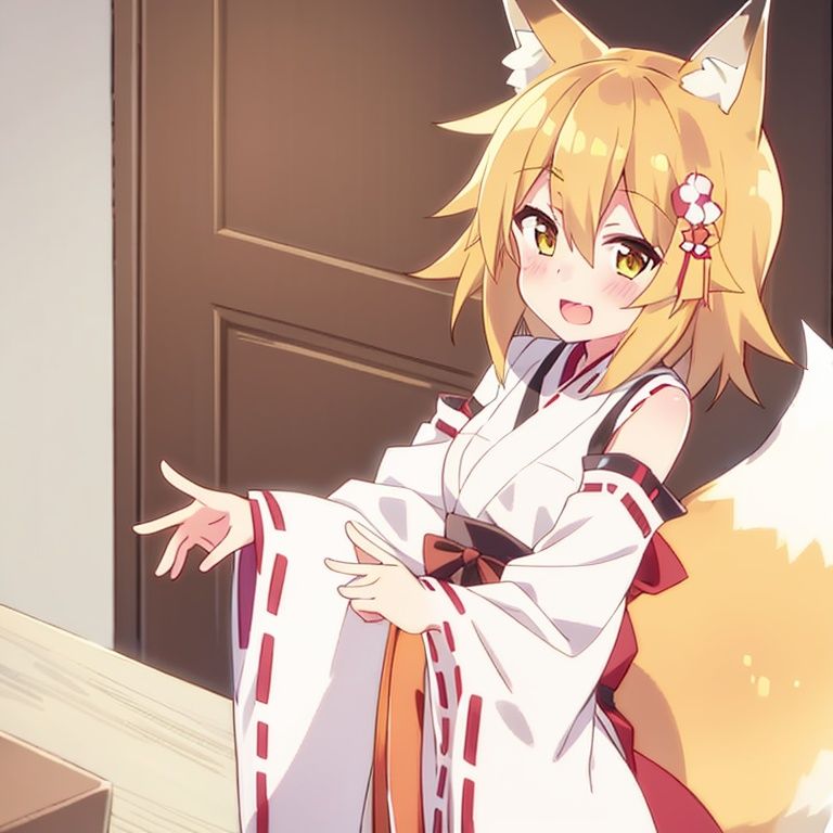 1girl, fox ears, solo,fox tail, open mouth, japanese clothes, hair ornament, smile, flower, blonde hair, miko, hair flower, looking at viewer, animal ear fluff, ribbon trim, hair between eyes, fox girl, short hair, brown eyes, ribbon-trimmed sleeves, wide sleeves, white background, long sleeves, outstretched arms, yellow eyes,    <lora:xian_1.1:1.3>