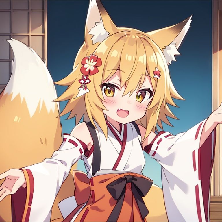 1girl, fox ears, solo,fox tail, open mouth, japanese clothes, hair ornament, smile, flower, blonde hair, miko, hair flower, looking at viewer, animal ear fluff, ribbon trim, hair between eyes, fox girl, short hair, brown eyes, ribbon-trimmed sleeves, wide sleeves, white background, long sleeves, outstretched arms, yellow eyes,    <lora:xian_1.1:1>