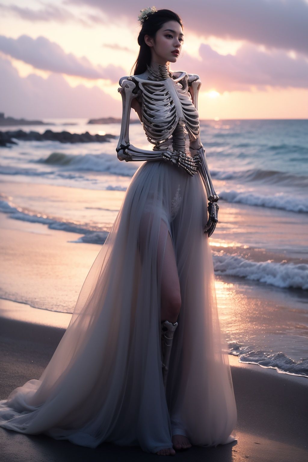 1girl,skeletal,<lora:baigu_20231019014950:0.8>,baigu,full body,wedding dress,sunset,sea