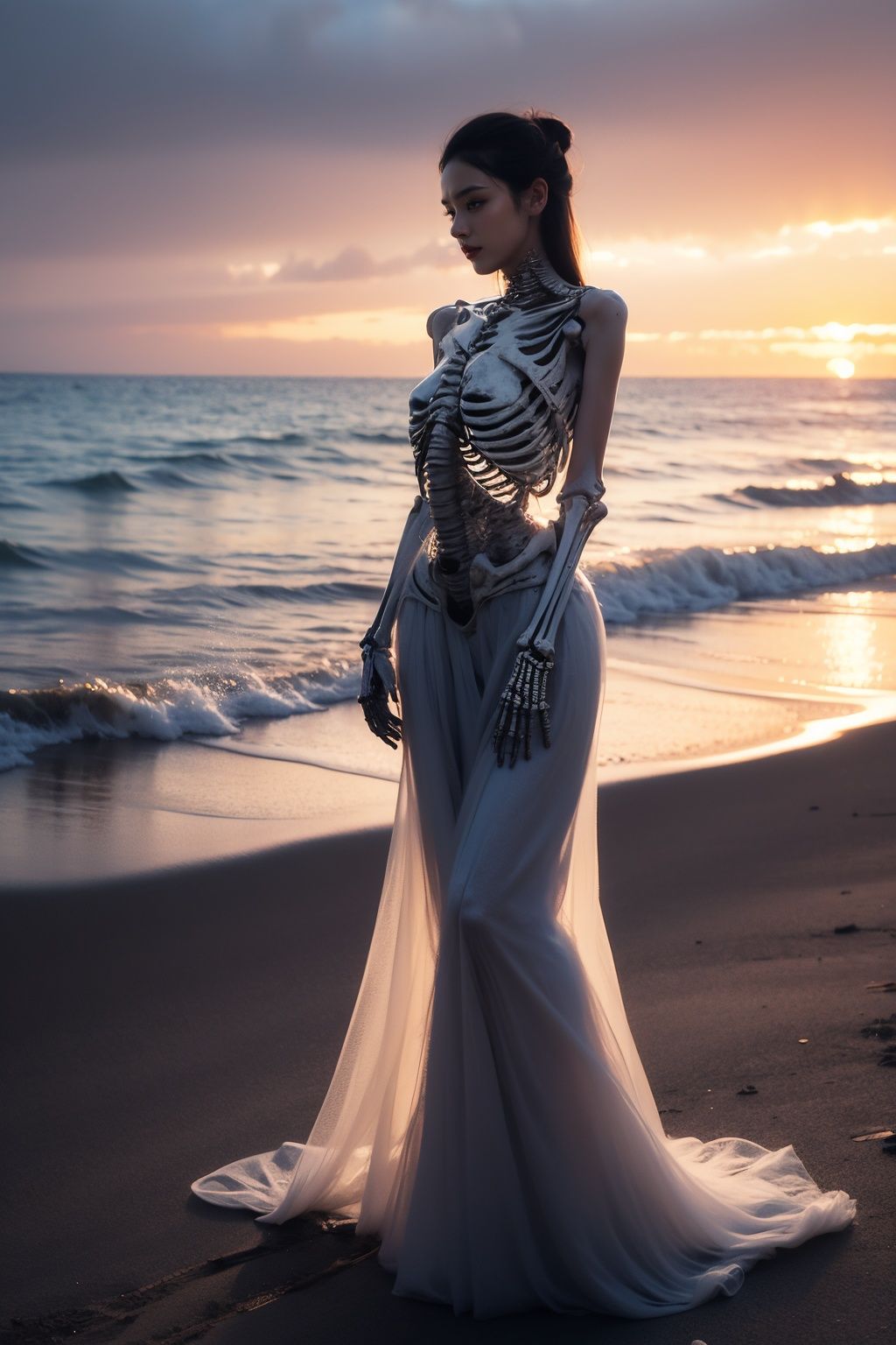 1girl,skeletal,<lora:baigu_20231019014950:0.8>,baigu,full body,dress,sunset,sea