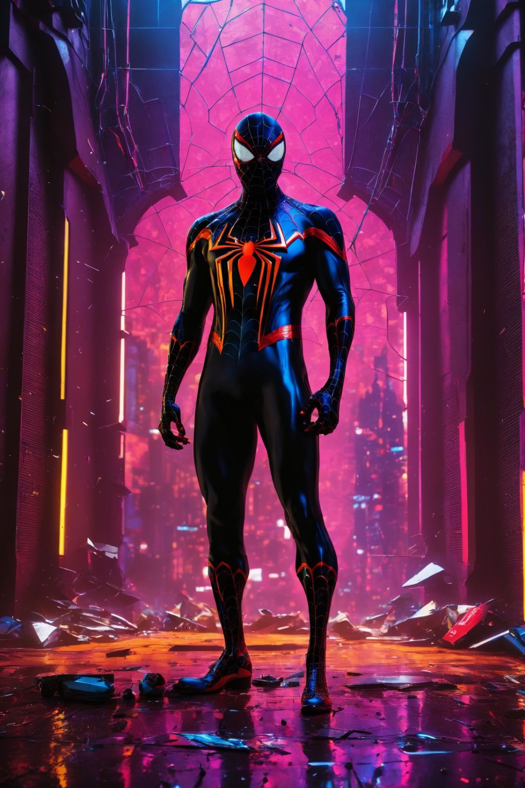(Killer Spider-Man) from (Marvel),  the entire suit drenched in blood,  with (pieces of torn clothes) scattered about. The...
