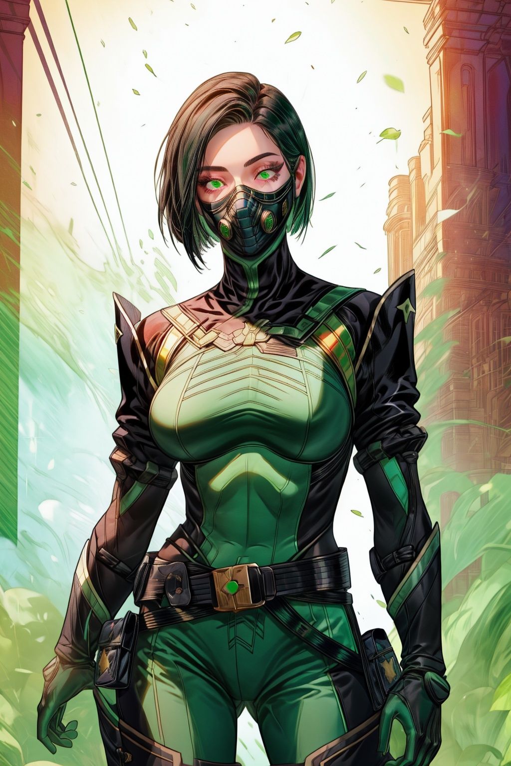  1girl, solo,black hair, short hair, eyelash, armor, bodysuit, breast plate, mouth mask, covered mouth, (black gloves:1.2), belt, (standing), green eyes, (big breasts:1.2), valorantViper,