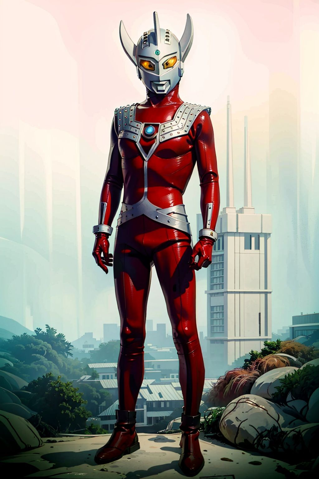  (masterpiece:1.3), (the best quality:1.2), (super fine illustrations:1.2), (Masterpiece), high quality, high detail,((white background:1.2)), looking at viewer, (SOLO:1.4),outline,,simple background,glowing, belt, armor,helmet,red footwear,red tight-fitting,silver pattern on body,bodysuit,gem,plugsuit,mask,cover,logo,boots,gloves,red legwear,red gloves,red bodysuit,leather suit,ultraman,latex,horn