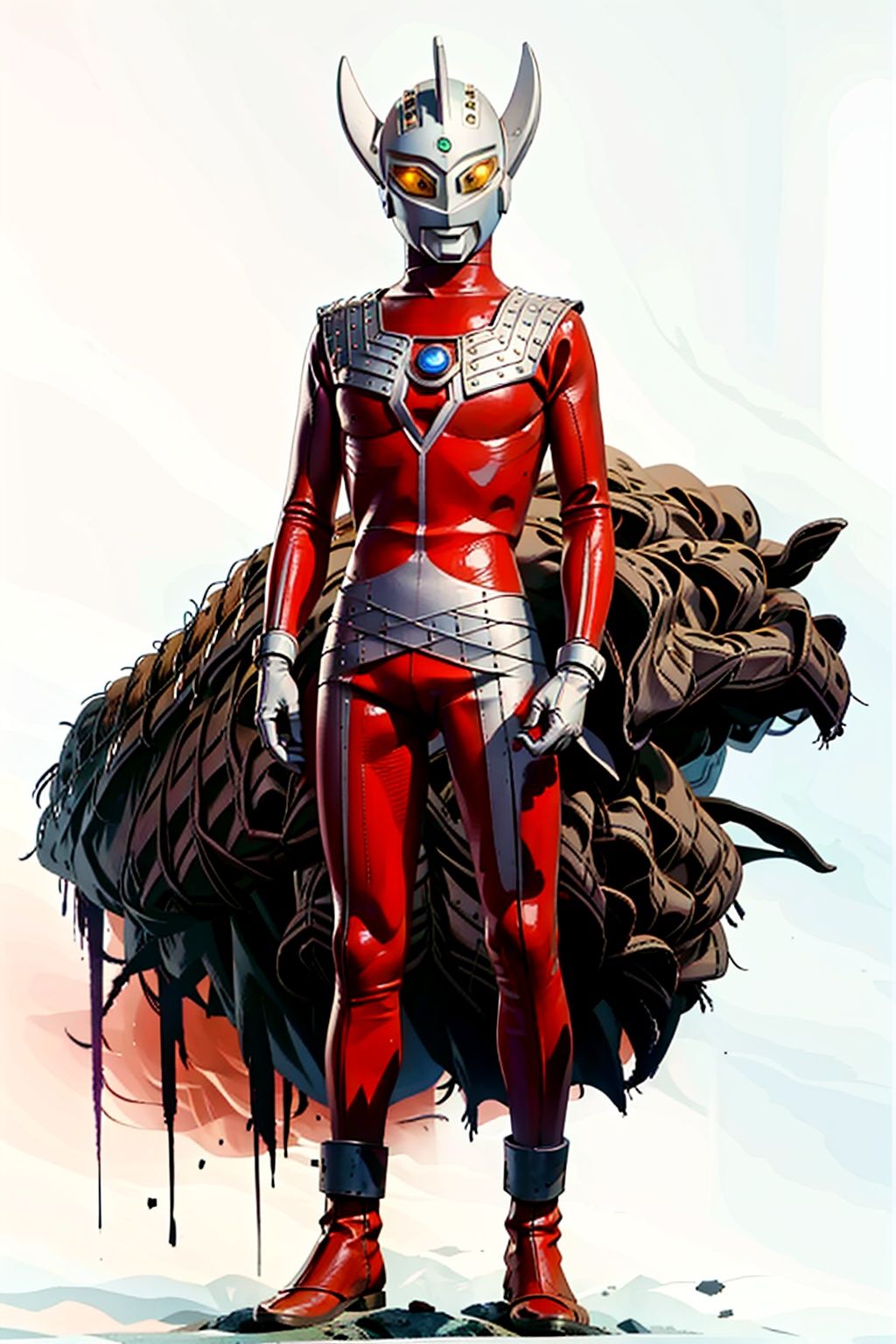  (masterpiece:1.3), (the best quality:1.2), (super fine illustrations:1.2), (Masterpiece), high quality, high detail,((white background:1.2)), looking at viewer, (SOLO:1.4),outline,,simple background,glowing,, armor,helmet,red footwear,red tight-fitting,silver pattern on body,bodysuit,gem,plugsuit,mask,cover,logo,boots,gloves,red legwear,red gloves,red bodysuit,leather suit,ultraman,latex,horn