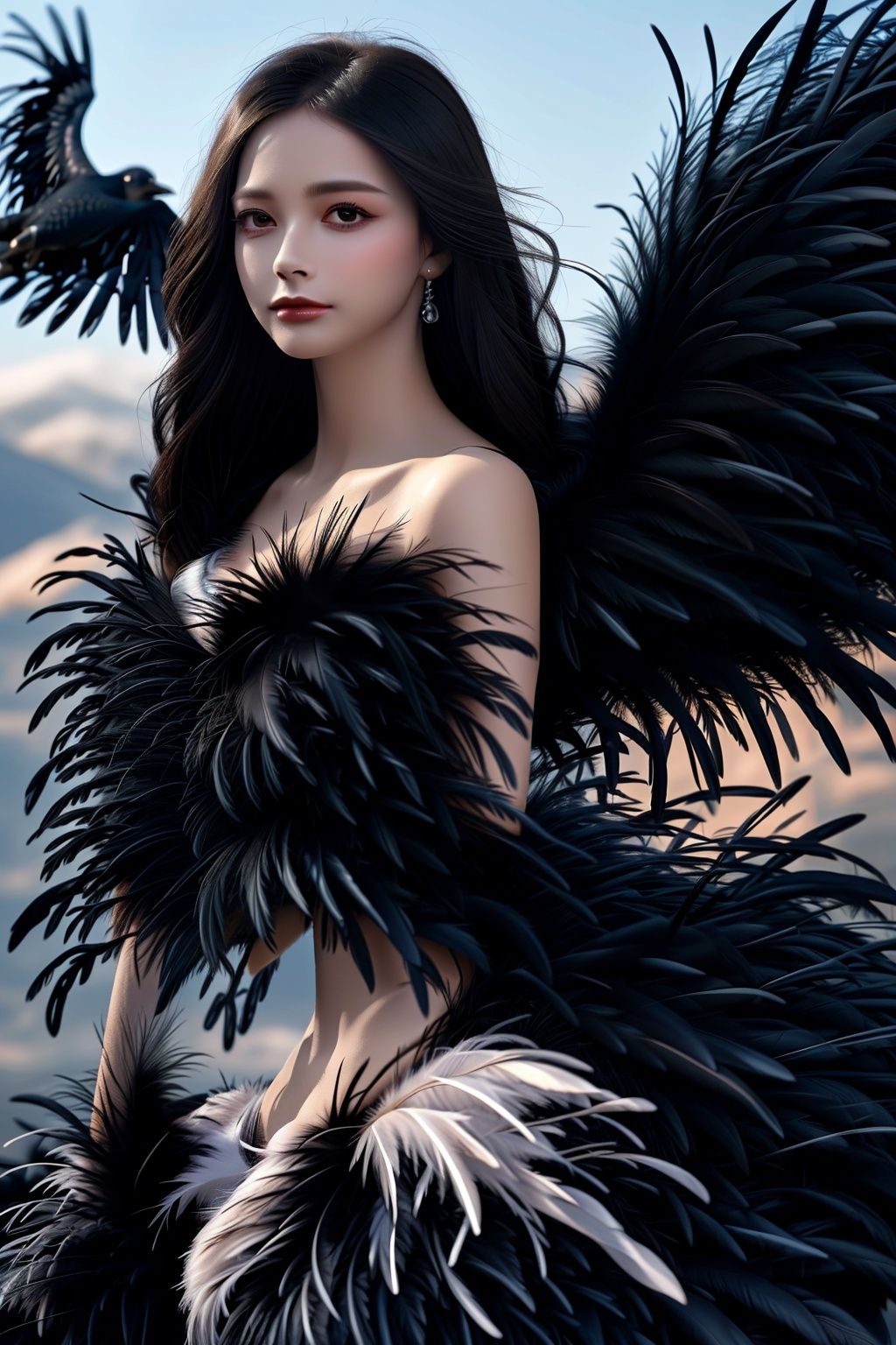  Best quality, 8k, cg,Black feather,1girl,Feather wings,crow