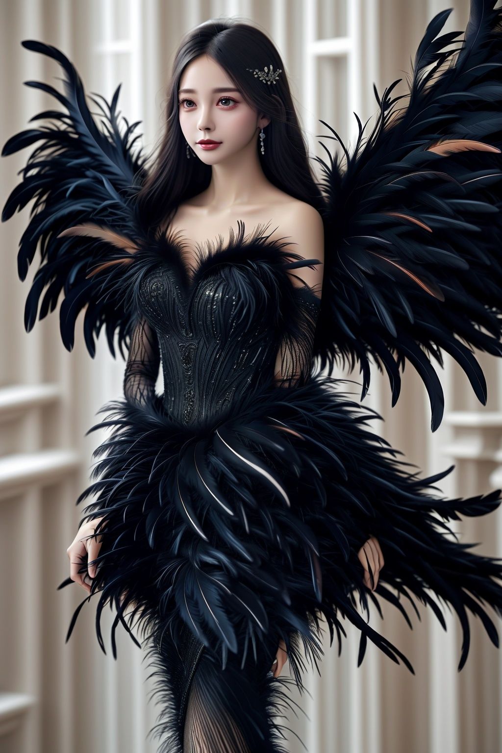  Best quality, 8k, cg,Black feather,1girl,Feather wings