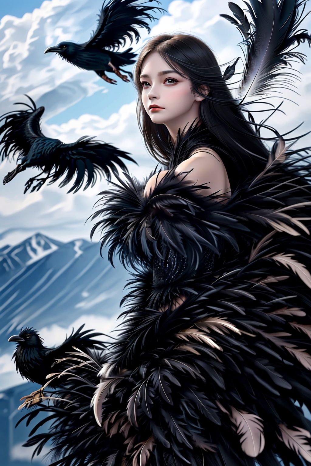  Best quality, 8k, cg,Black feather,1girl,Feather wings,crow