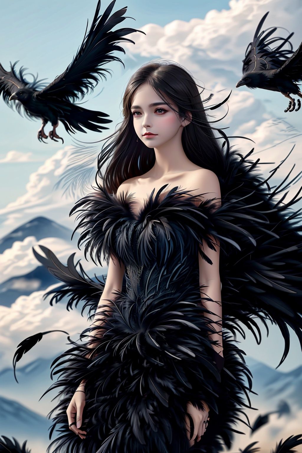 Best quality, 8k, cg,Black feather,1girl,Feather wings,crow