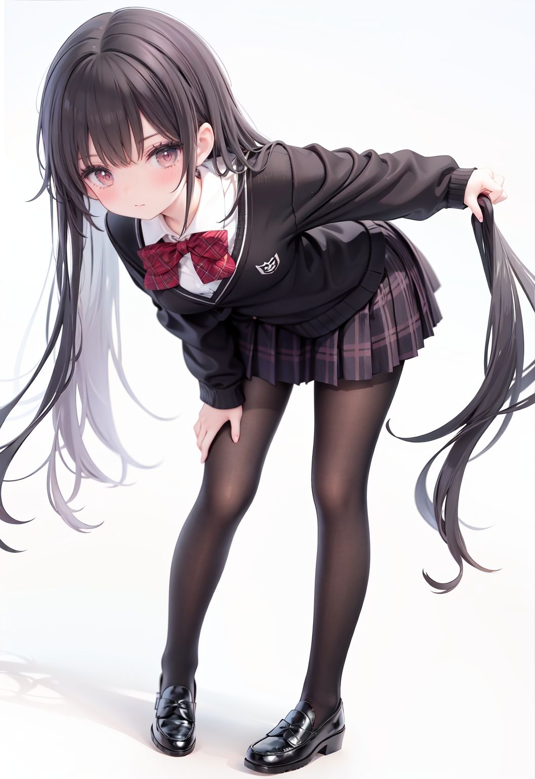  1girl, solo, pantyhose, skirt, long hair, loafers, shoes, simple background, school uniform, brown eyes, plaid, black pantyhose, plaid skirt, looking at viewer, black hair, pantyhose pull, full body, clothes pull, black footwear, pleated skirt, leaning forward, bangs, long sleeves, bent over, cardigan, bow, bowtie, standing, closed mouth, pulled by self, grey background, blush, miniskirt, red bow, sweater, **********