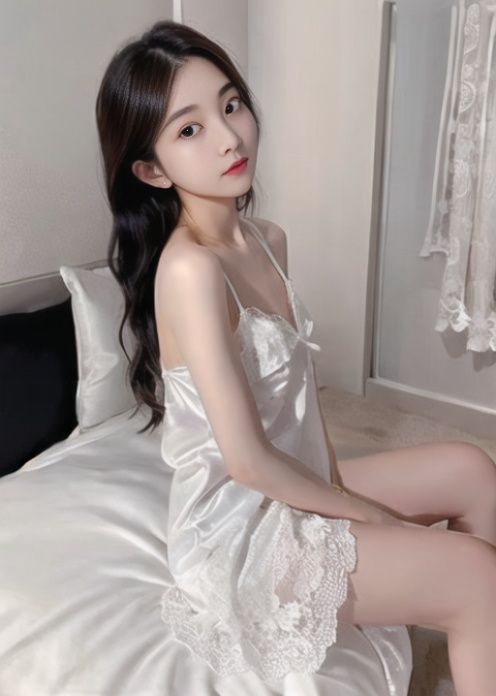 1girl, pajama,white,indoors, bedroom, sitting on bed,full body,  <lora:pajama:0.8>  <lora:taiwanDollLikeness_v15:0.7>
