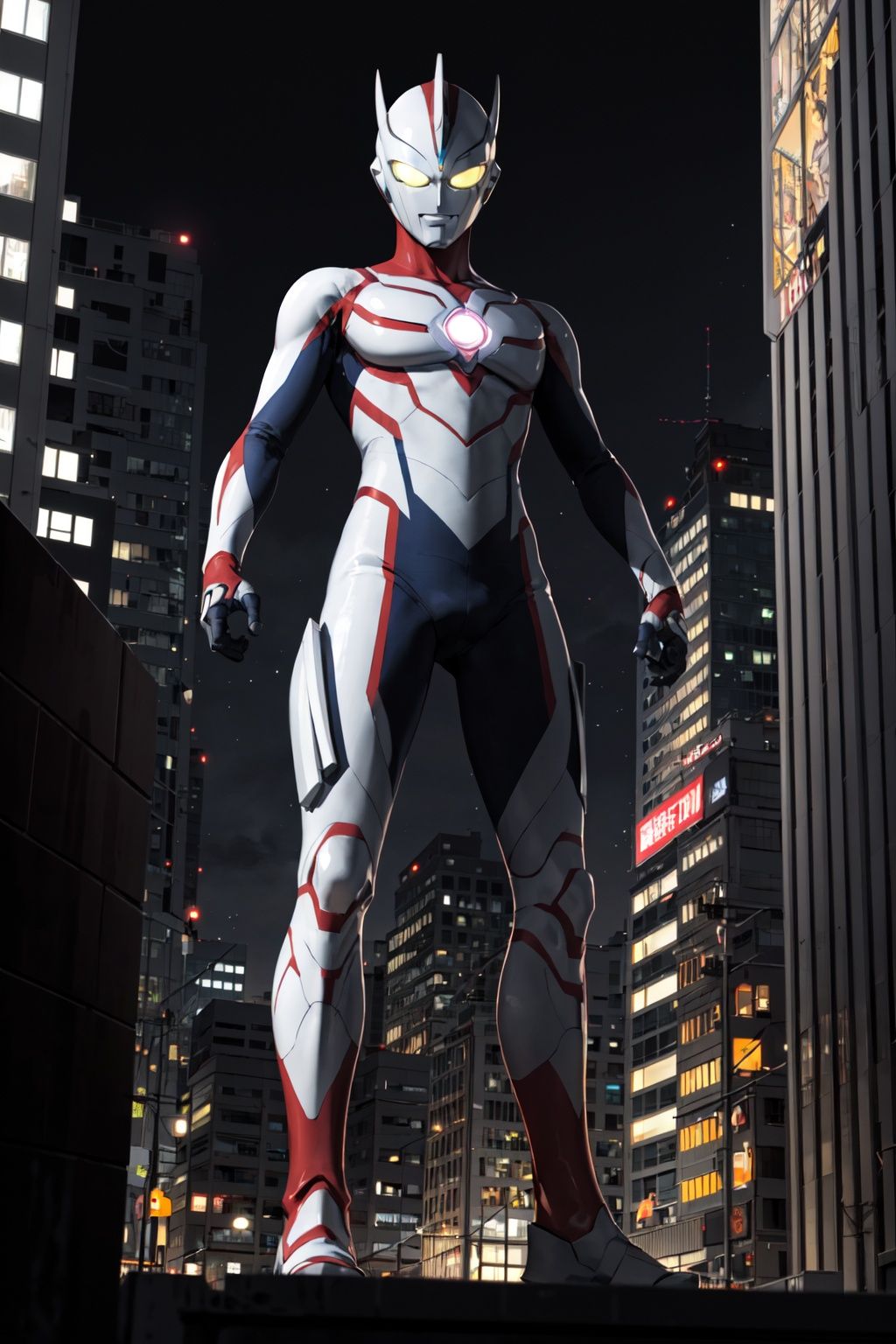  masterpiece, best quality, 1girl, alien, male focus, solo, 1girl, tokusatsu,full body, (giant), railing, glowing eyes, glowing, from below , white eyes, ,city,building,ultraman,diga