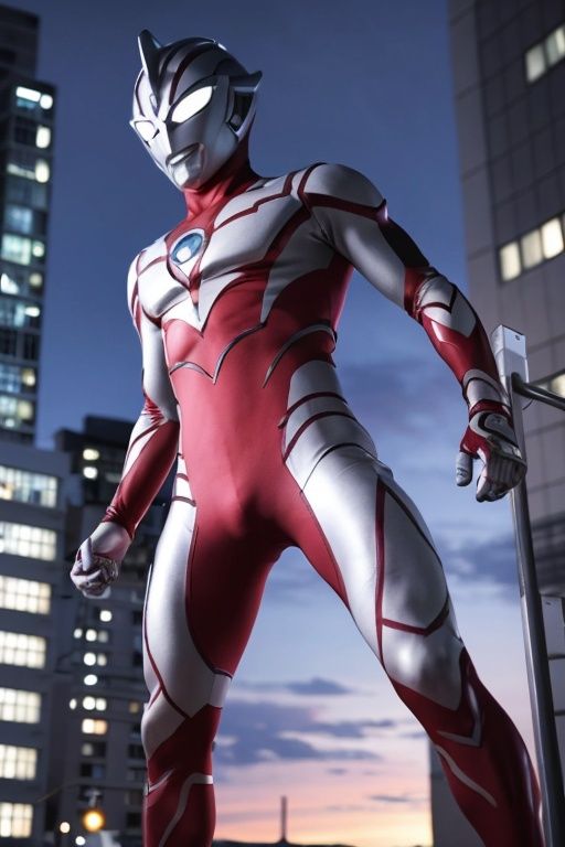  masterpiece, best quality, 1girl, alien, male focus, solo, 1girl, tokusatsu,full body, (giant), railing, glowing eyes, glowing, from below , white eyes, ,city,building,ultraman,diga