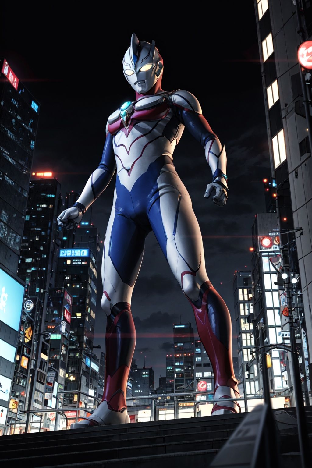  masterpiece, best quality, 1girl, alien, male focus, solo, 1girl, tokusatsu,full body, (giant), railing, glowing eyes, glowing, from below , white eyes, ,city,building,ultraman,diga