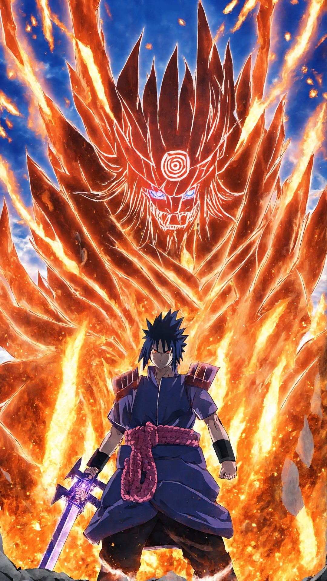 (Anime style: 1.5) Wide angle shot (gold color art) (simple details) Susanoo dominates this scene, its tall body is filled with armor, and the mysterious runes on the armor exude a blue light, highlighting its mystery and power. Under the hood, the Sharingan's pupils were as hot as fire and his eyes were determined. The huge sword was raised high, the blade reflecting strong light, showing destructive power. Sasuke stood on Susanoo's palm, his face was covered, and only the Sharingan pupils showed determination. Sasuke seems to blend into this massive form, demonstrating his close connection with Susanoo