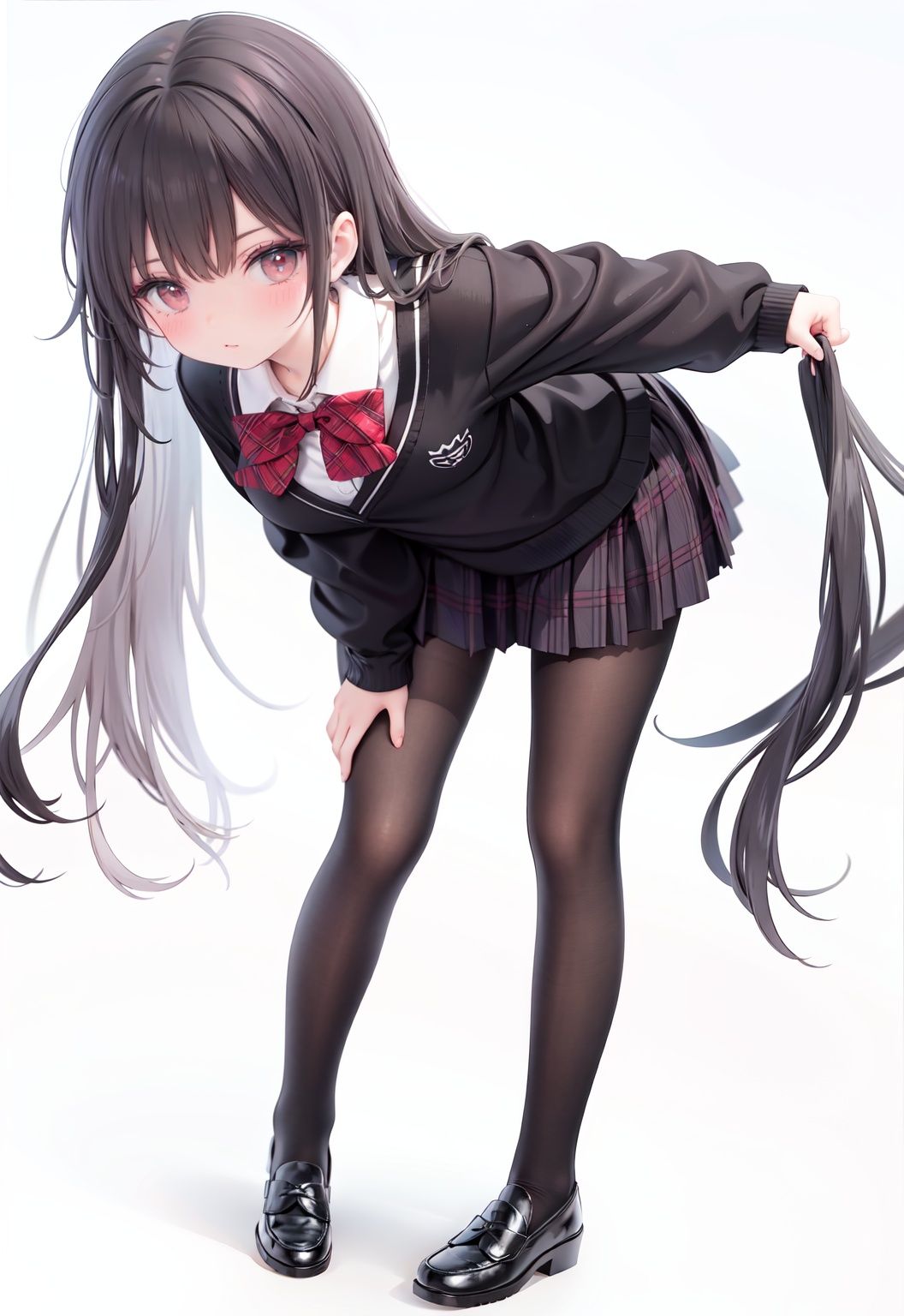  1girl, solo, pantyhose, skirt, long hair, loafers, shoes, simple background, school uniform, brown eyes, plaid, black pantyhose, plaid skirt, looking at viewer, black hair, pantyhose pull, full body, clothes pull, black footwear, pleated skirt, leaning forward, bangs, long sleeves, bent over, cardigan, bow, bowtie, standing, closed mouth, pulled by self, grey background, blush, miniskirt, red bow, sweater, **********