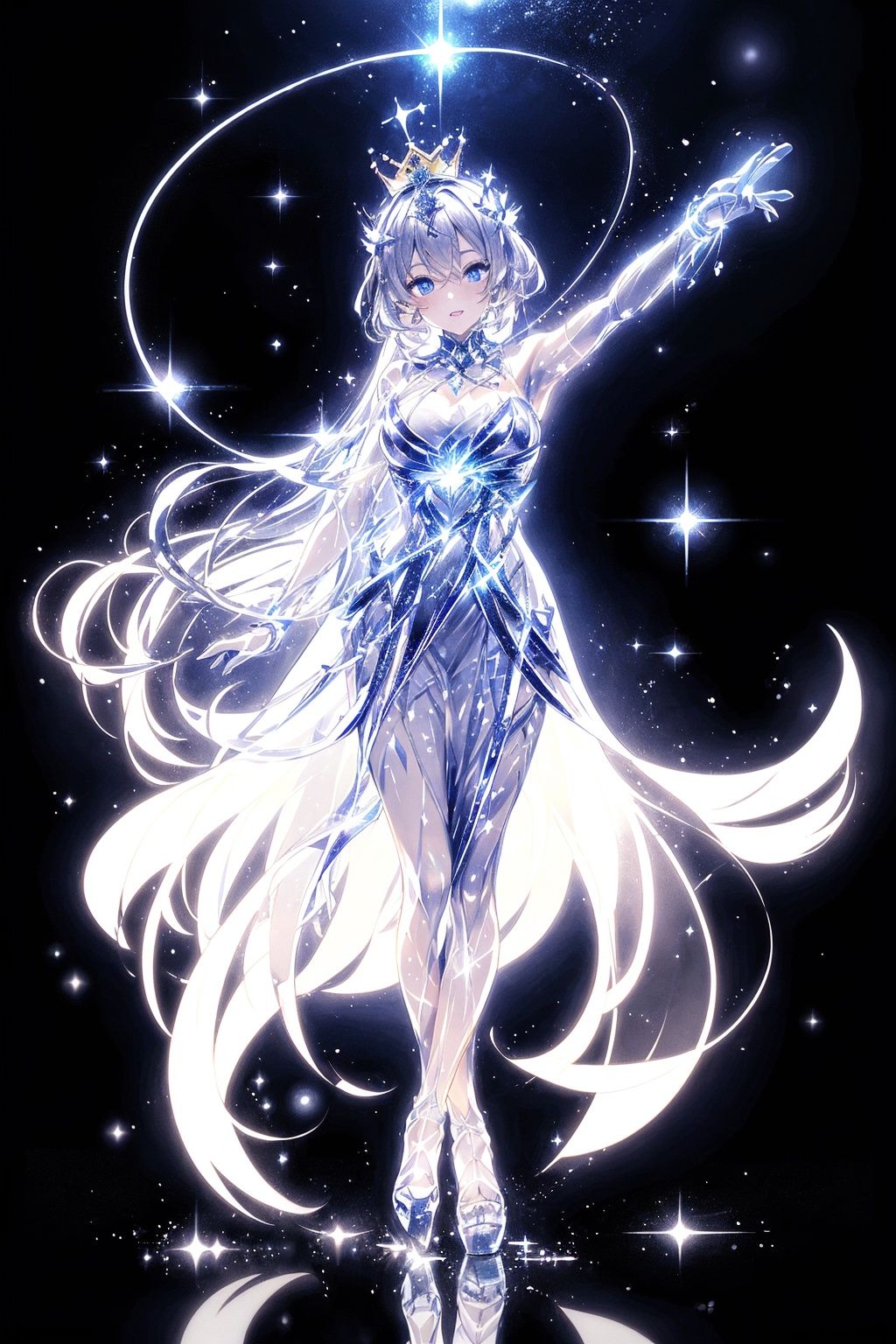  Best quality, 8k,cg,A girl formed by light,glowing,crown,sparkle,**** reflection,spotlight,solo,white dress,light_trail
