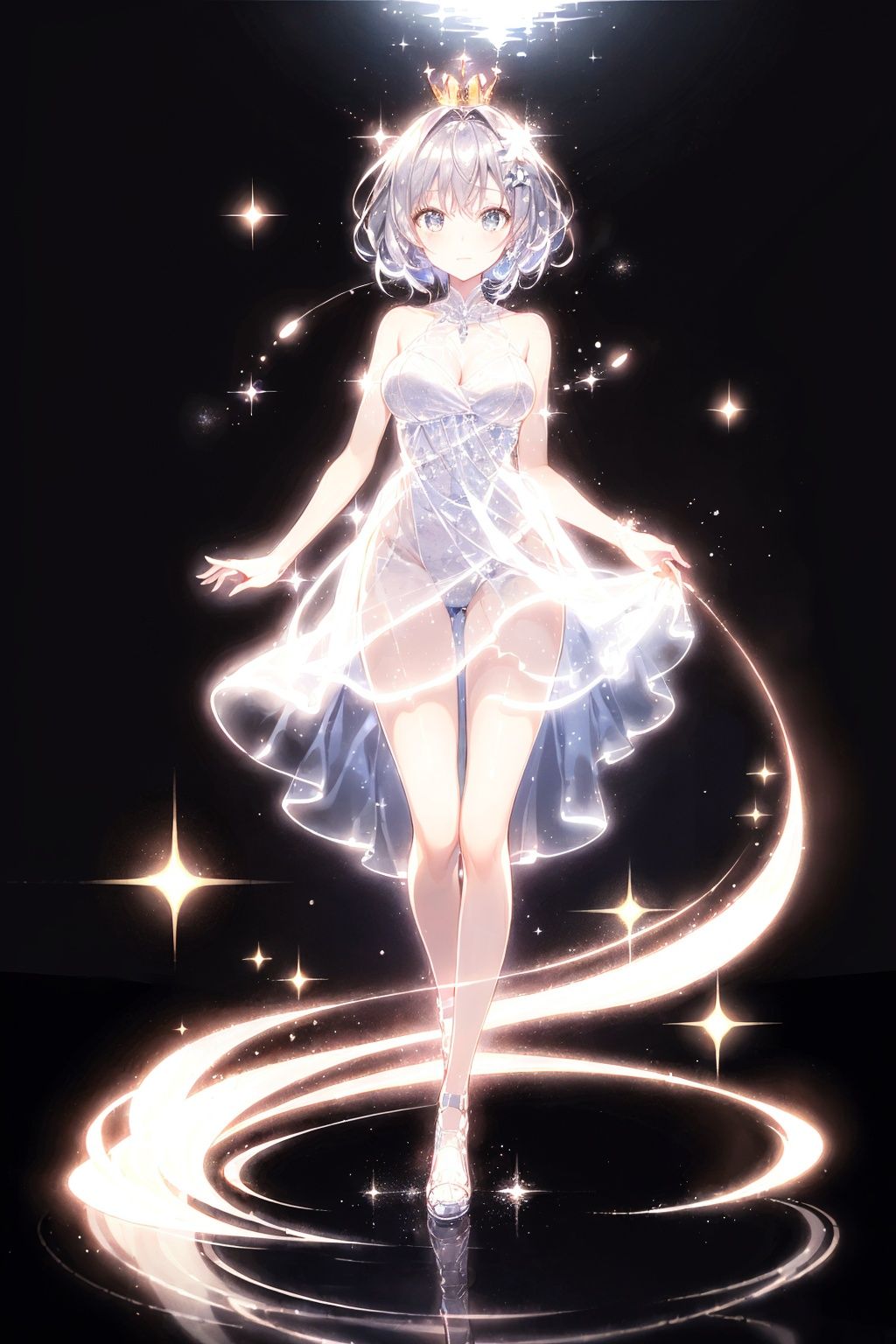  Best quality, 8k,cg,A girl formed by light,glowing,crown,sparkle,**** reflection,spotlight,solo,white dress,light_trail