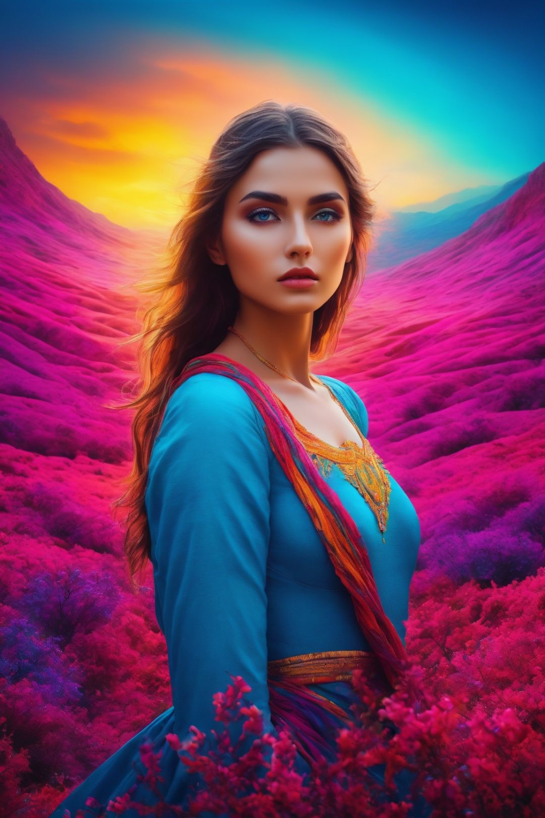 An extraordinary 8K photograph that transports a woman into a surreal,  dreamlike world of vibrant colors and dramatic lig...