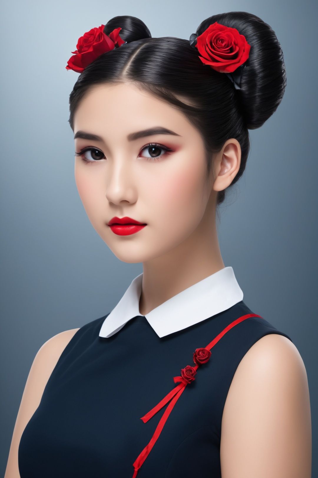 Experience the beauty of a high school girl with brown-black hair and fair skin,  her black eyes reflecting confidence and...