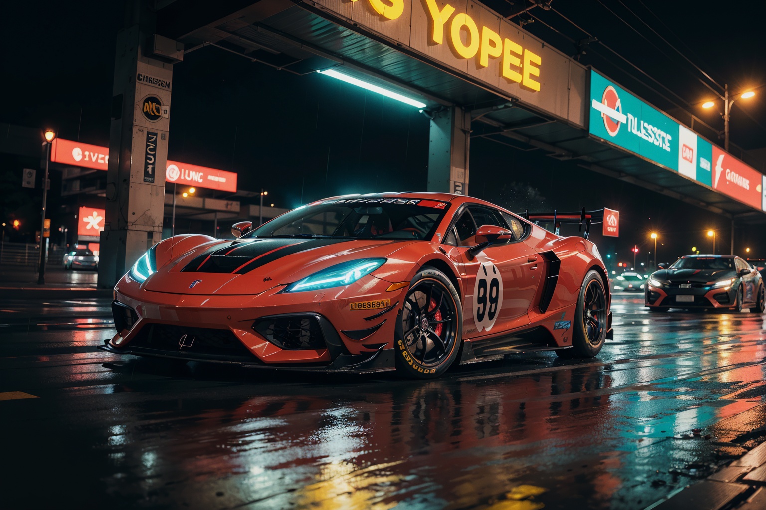 Super car,  racing livery,  raining on Tensor.Art