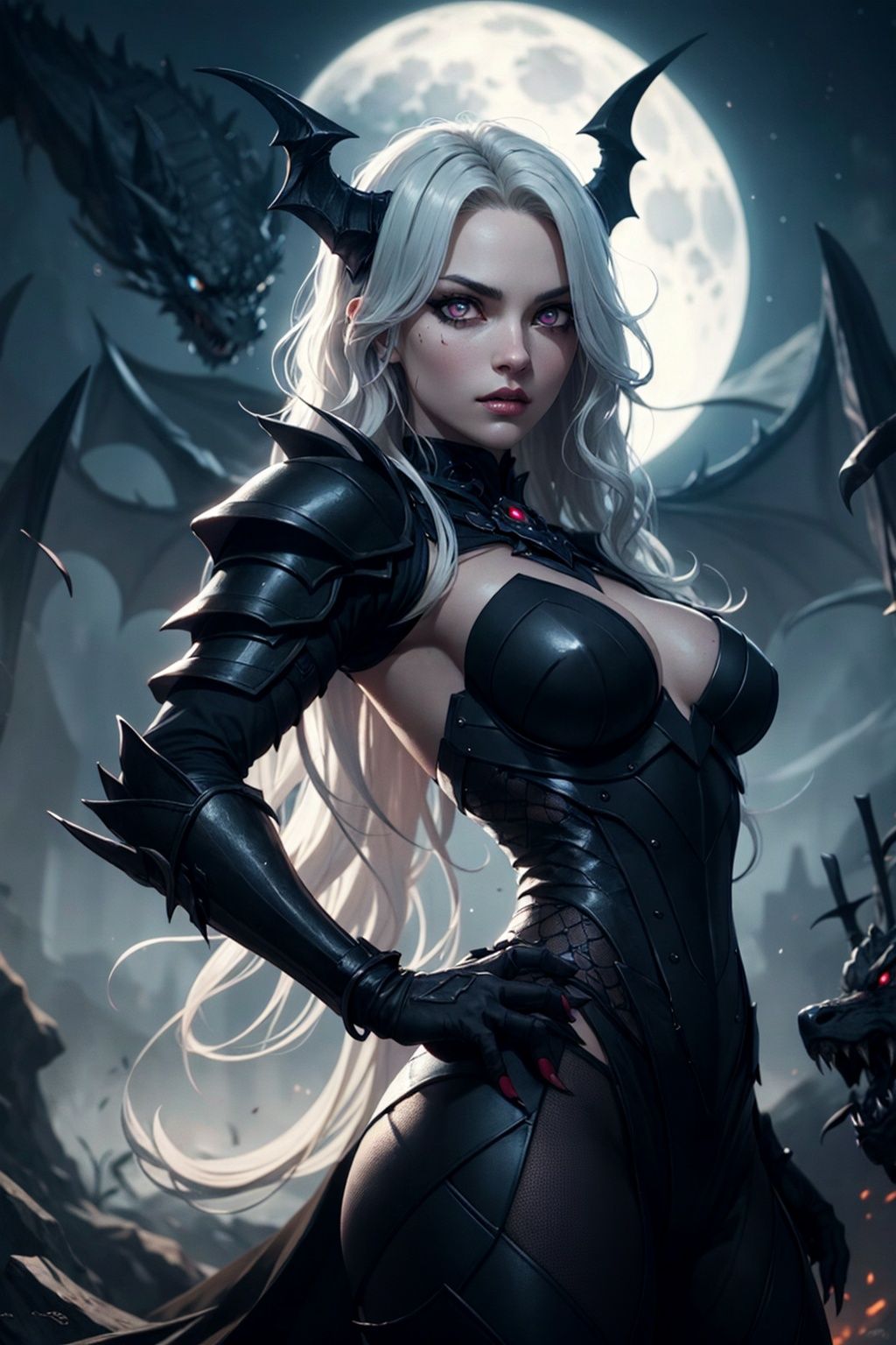 A sultry warrior with white wavy hair,  her hypnotic eyes piercing through the darkness,  her black armor glistening in th...