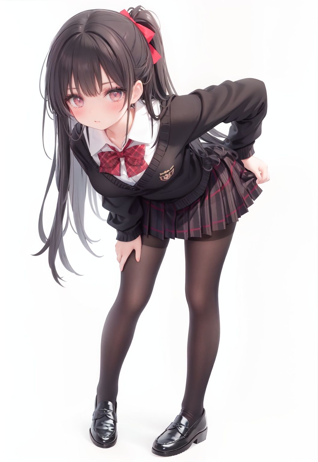  1girl, solo, pantyhose, skirt, long hair, loafers, shoes, simple background, school uniform, brown eyes, plaid, black pantyhose, plaid skirt, looking at viewer, black hair, pantyhose pull, full body, clothes pull, black footwear, pleated skirt, leaning forward, bangs, long sleeves, bent over, cardigan, bow, bowtie, standing, closed mouth, pulled by self, grey background, blush, miniskirt, red bow, sweater, **********