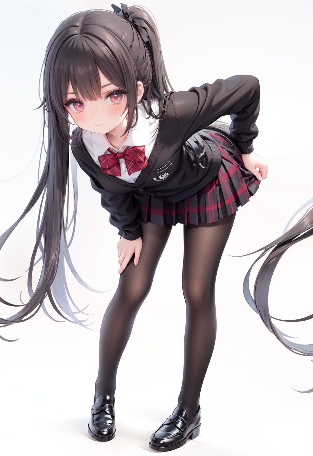  1girl, solo, pantyhose, skirt, long hair, loafers, shoes, simple background, school uniform, brown eyes, plaid, black pantyhose, plaid skirt, looking at viewer, black hair, pantyhose pull, full body, clothes pull, black footwear, pleated skirt, leaning forward, bangs, long sleeves, bent over, cardigan, bow, bowtie, standing, closed mouth, pulled by self, grey background, blush, miniskirt, red bow, sweater, **********