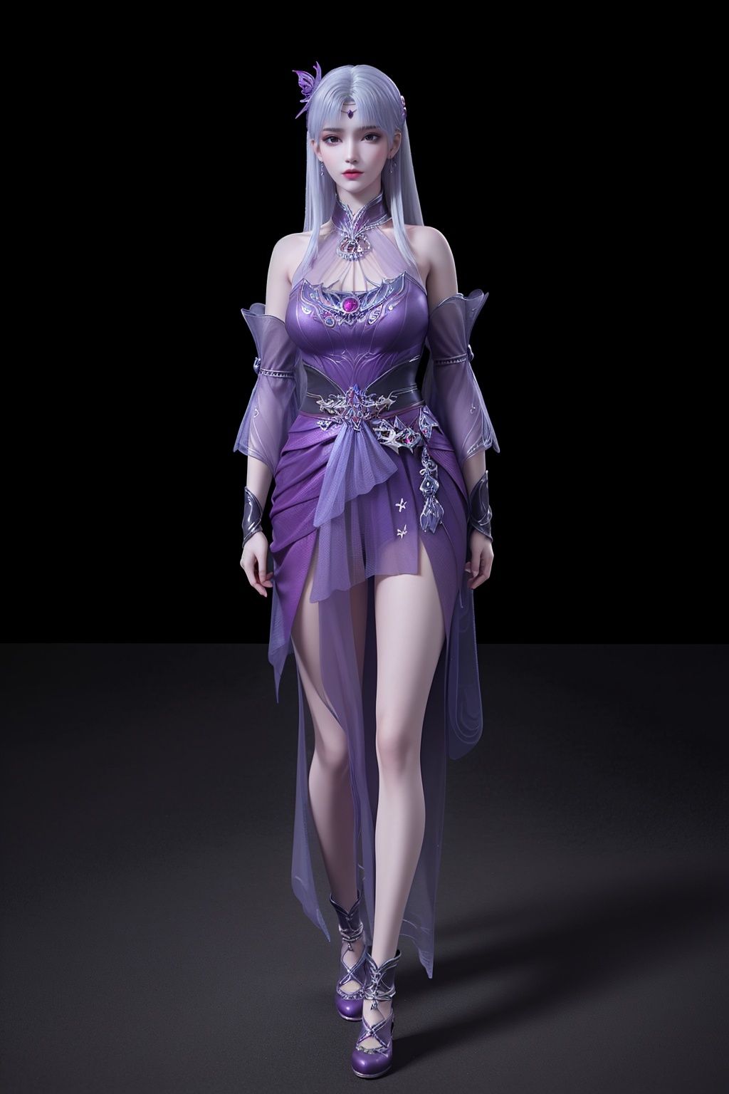 extremely detailed CG,unity 8k wallpaper,best quality,masterpiece,3D,1girl,solo,full body,purple dress,bare shoulders,gray hair,<lora:(Young)小医仙v4:0.8>,