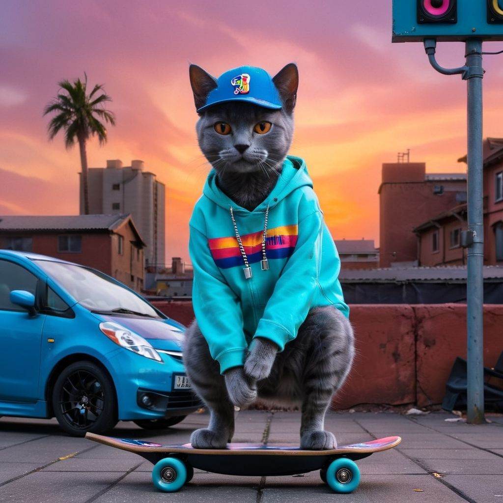 Cyberpunk style,  a russian blue cat as billie eilish standing on a skateboard,  wearing a backwards baseball cap and hold...