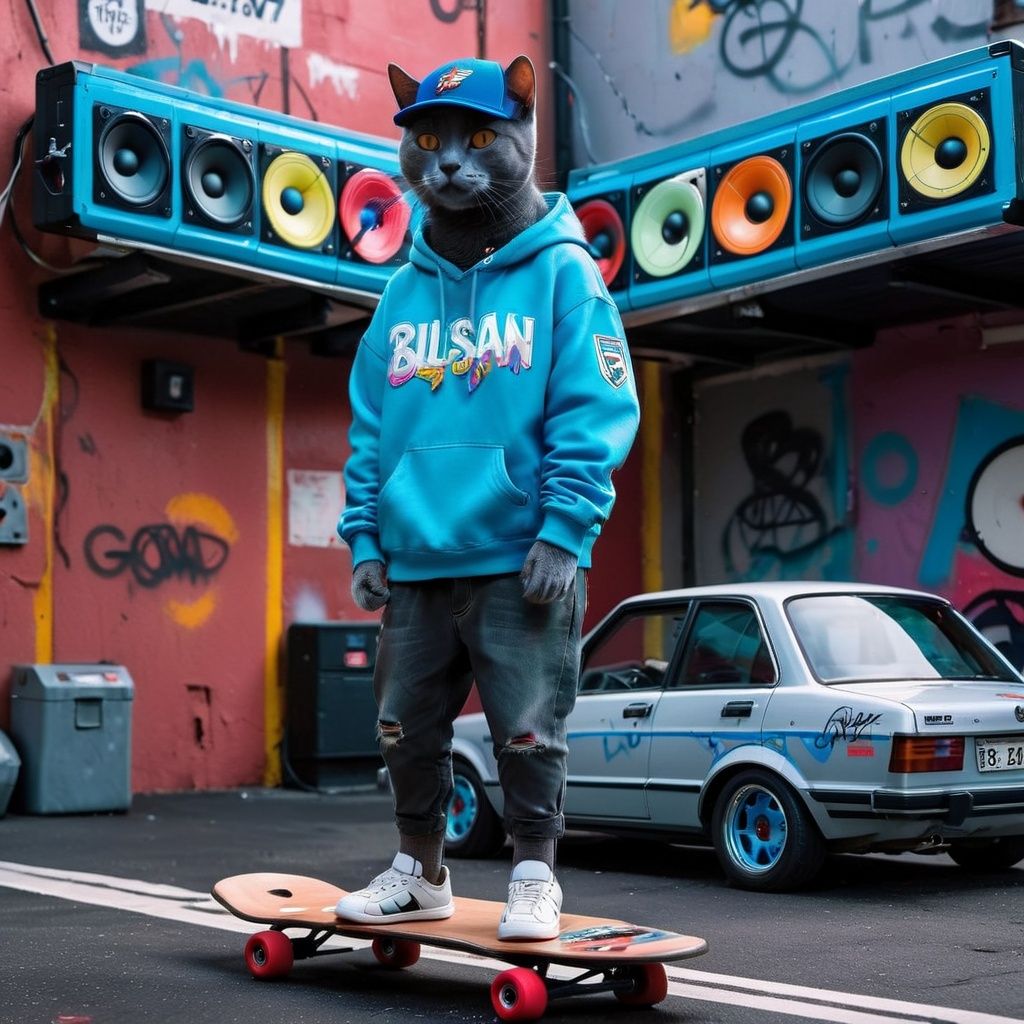 Cyberpunk style,  a russian blue cat as billie eilish standing on a skateboard,  wearing a backwards baseball cap and hold...