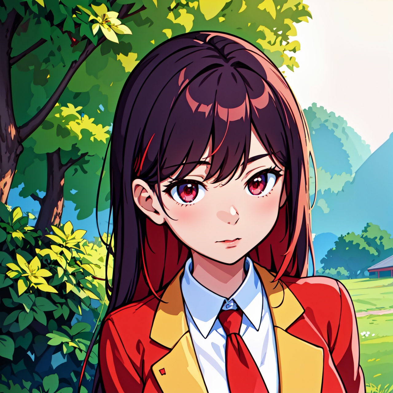 there is a woman with a red tie standing in a field,  soft portrait shot 8 k,  a young asian woman on Tensor.Art